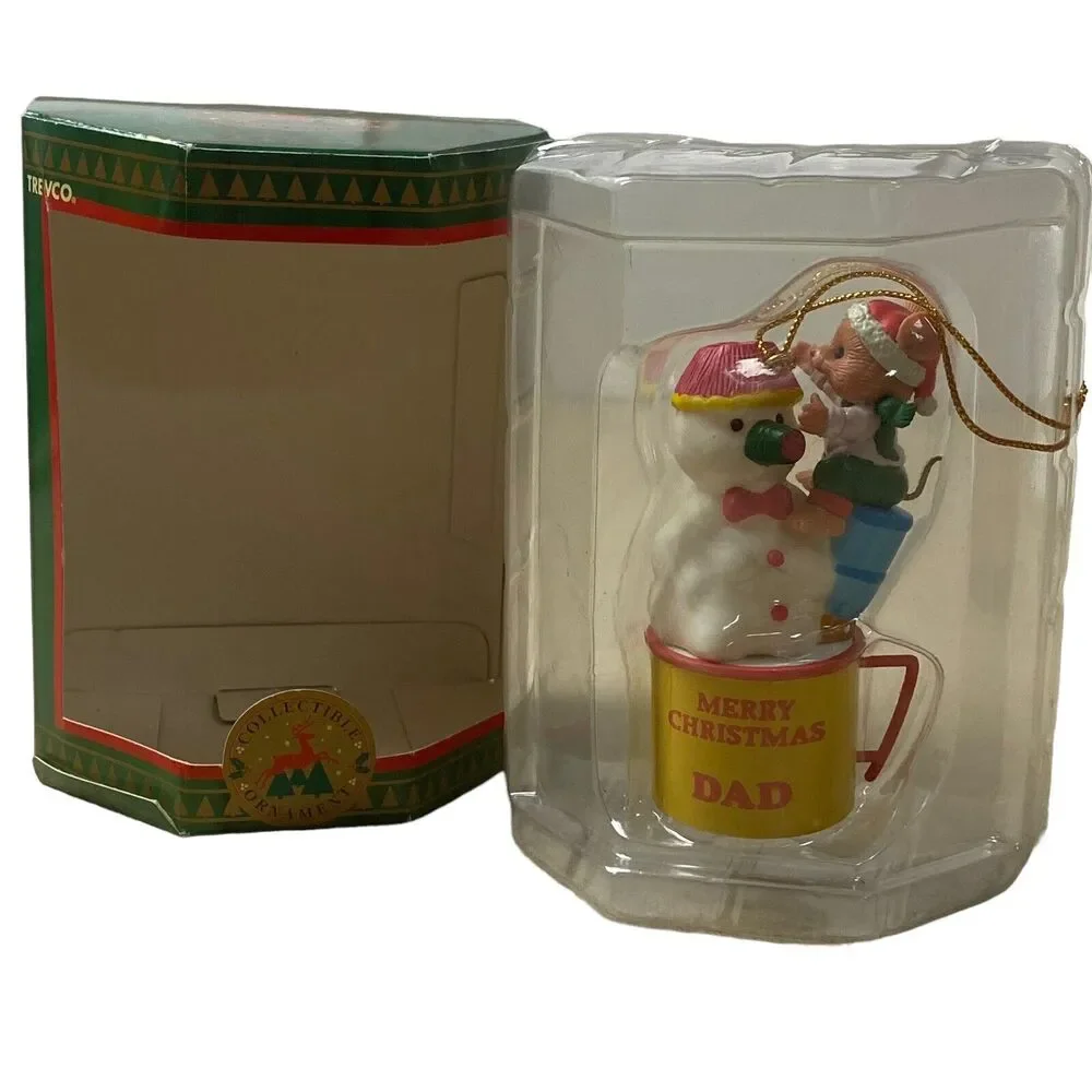 Vintage Trevco Snowman Ornament Climbing Mouse Miniature Merry Christmas Dad Cup